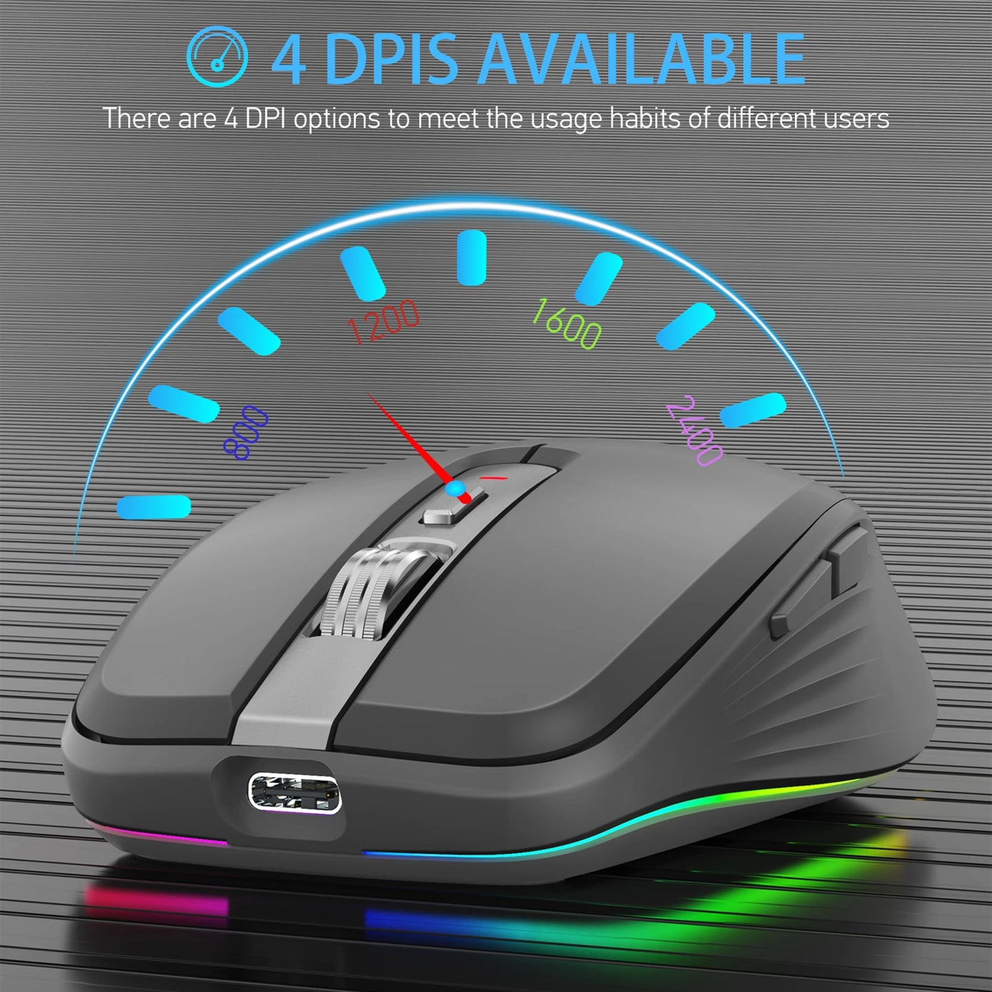 Dual-mode Wireless Mouse USB2.4G+BT5.1 Type-C Rechargeable Gaming Mouse Ergonomic Design 2400 DPI with RGB Light Mice