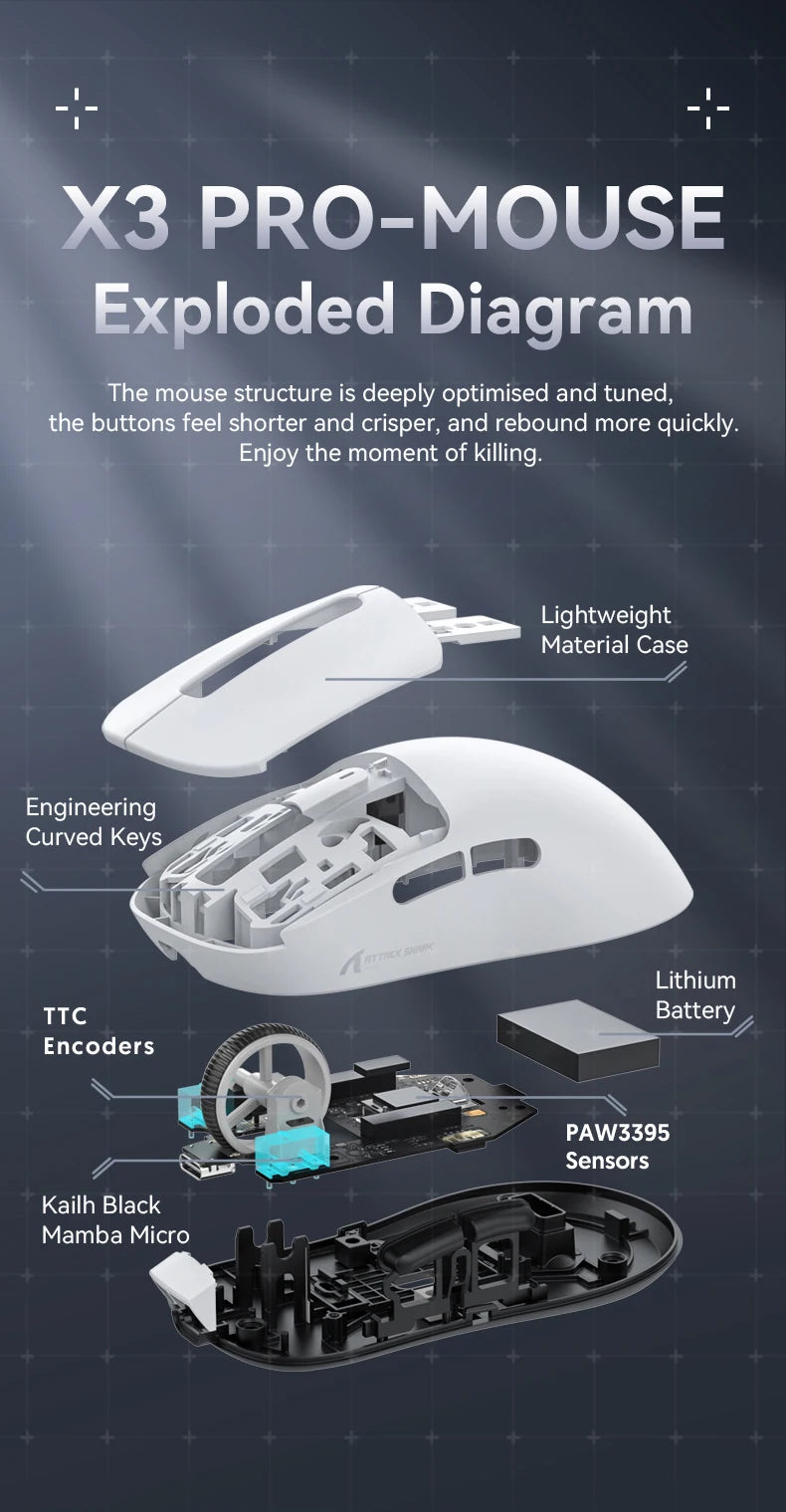 Attack Shark X3Pro X3 Wireless Mouse Lightweight PAW3395 26000dpi Tri-Mode Connection Macro Gaming Mouse for Win/Xbox/PS/Mac