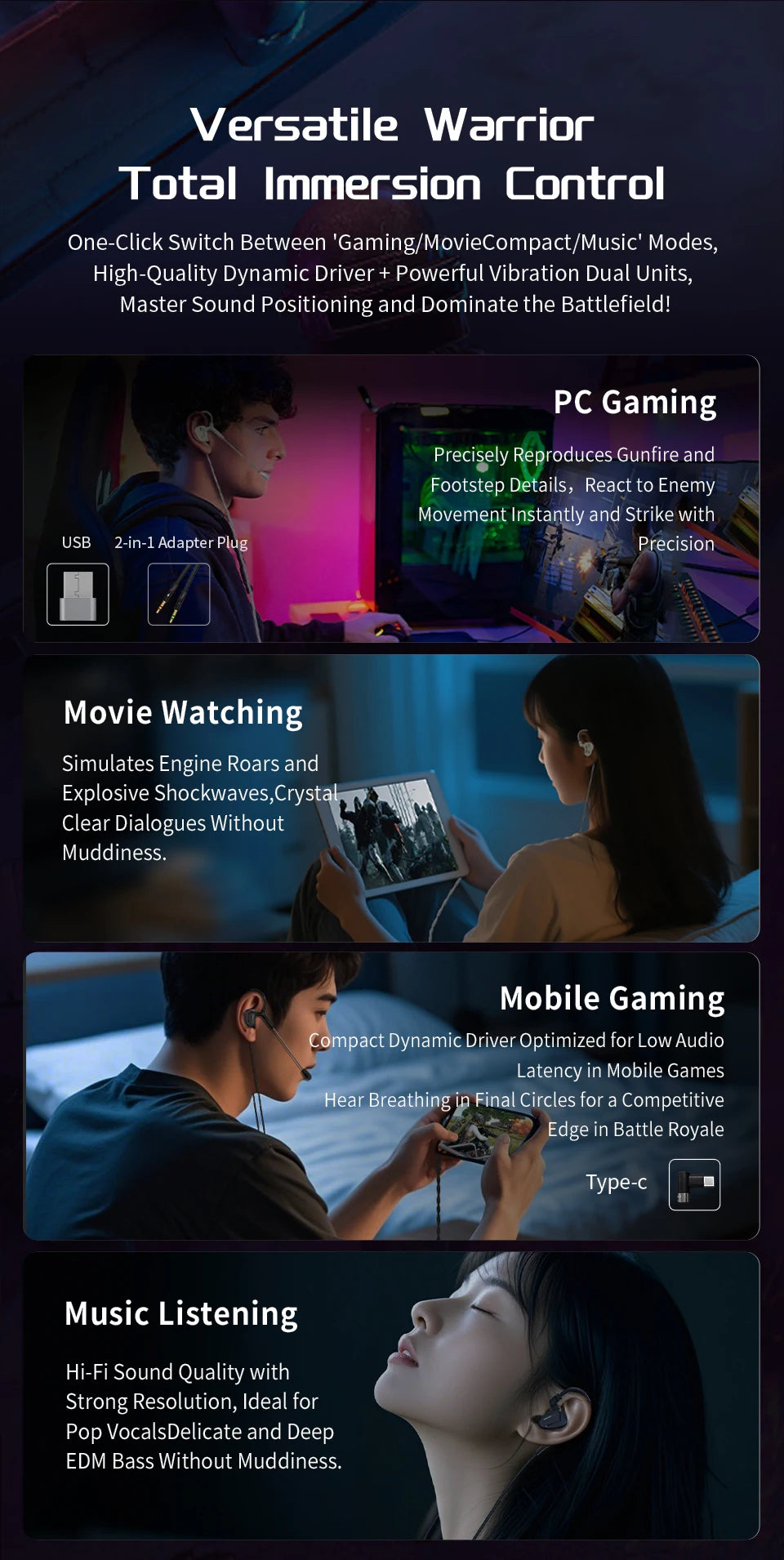 CVJ Shadow Blade In Ear Earphones 1DD+1 Vibration Switch Adjustable Gaming ports in-ear typec Hifi Headphones konoka Mermaid2