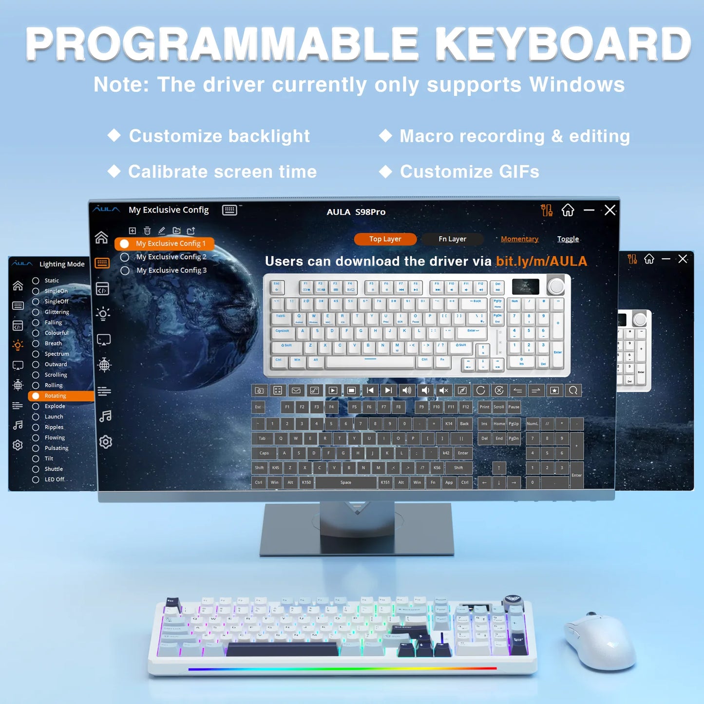AULA S98pro Wireless Mechanical Keyboard Gasket Hot-swap Gaming Keyboard with Mini TFT Color Screen and Multi-function Knob