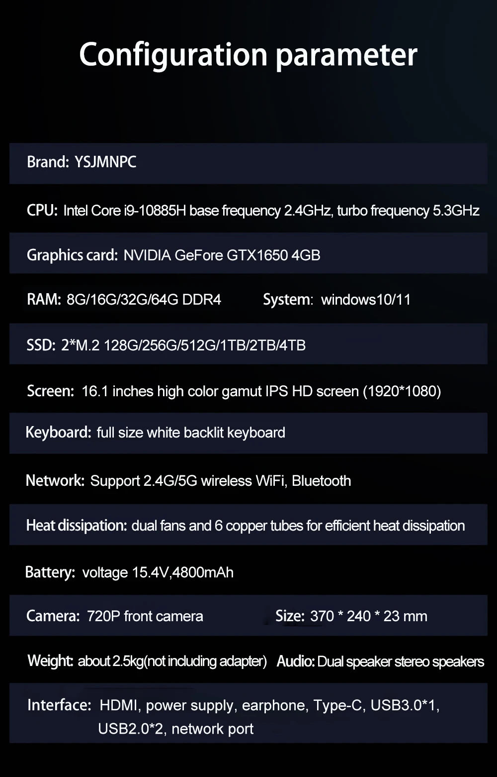 YSJMNPC Gaming Laptop Computer Intel Core i9-13900H NVIDIA RTX 4050 6G 16 Inch IPS 2*DDR5 MAX 64GB 2*M.2 PCIE SSD WIFI