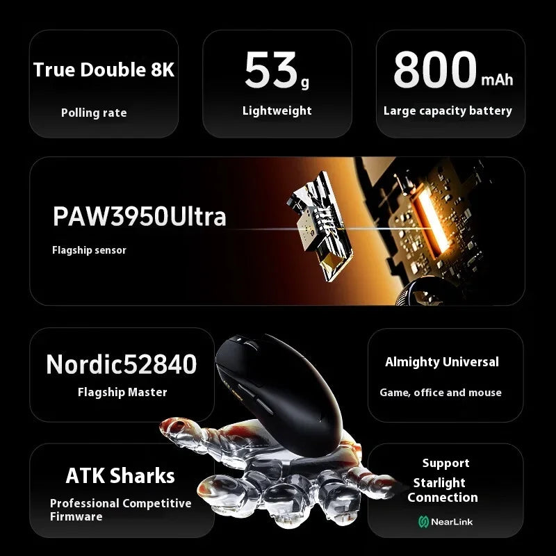 ATK Dragonfly A9 Ultra Mouse Paw3950 2 Modes Wireless Mouse 8000Hz Lightweight Gaming Mice PC Accessories For FPS Gamer Custom