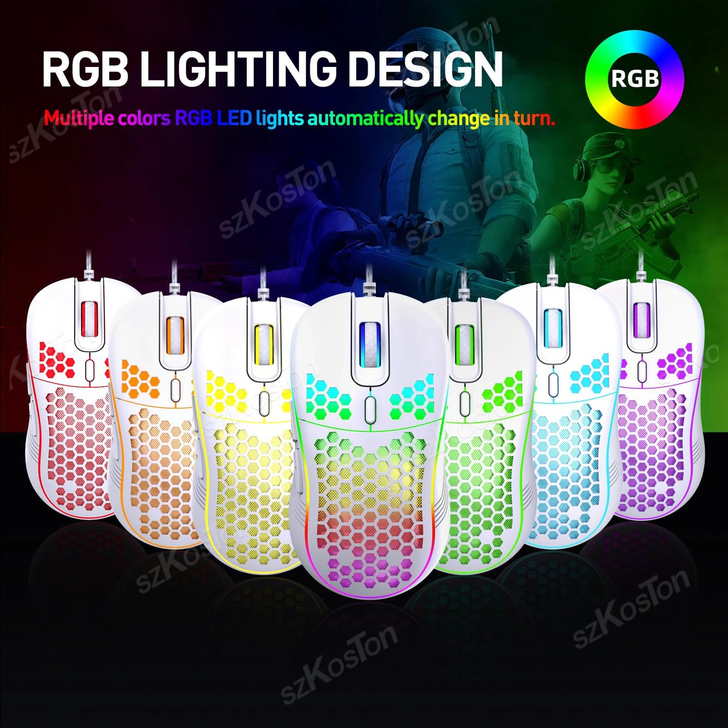 Honeycomb Wired Gaming Mouse RGB Backlight 7200 Adjustable DPI Ergonomic USB Computer Mice for Windows PC & Laptop Gamers