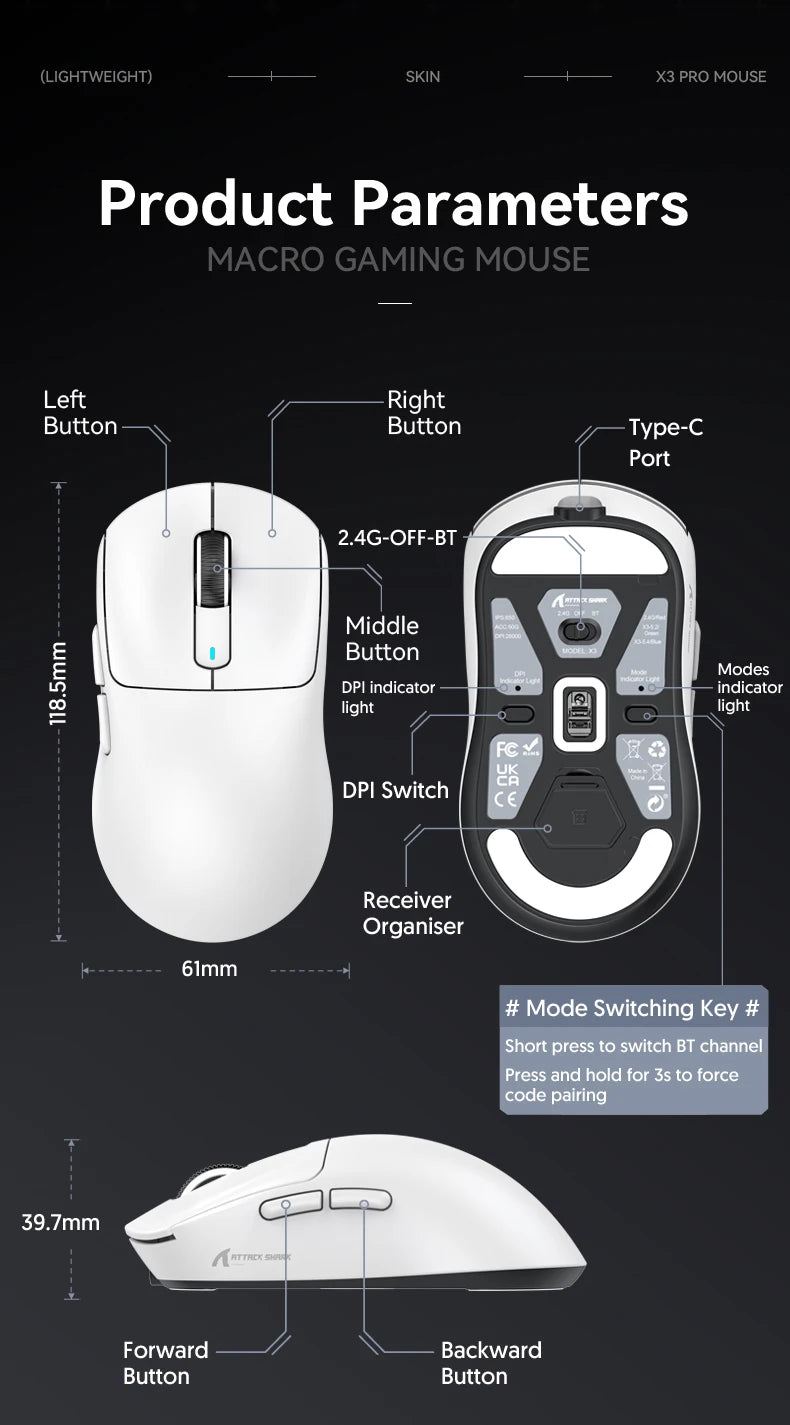 Attack Shark X3Pro X3 Wireless Mouse Lightweight PAW3395 26000dpi Tri-Mode Connection Macro Gaming Mouse for Win/Xbox/PS/Mac