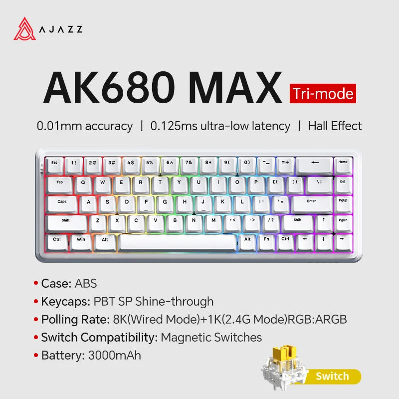 AJAZZ AK680 MAX Mechanical Keyboard HE Hall Effect Switch 60% 8k/1K RGB Wired/Wireless Gaming Rapid Trigger Magnetic Keyboard