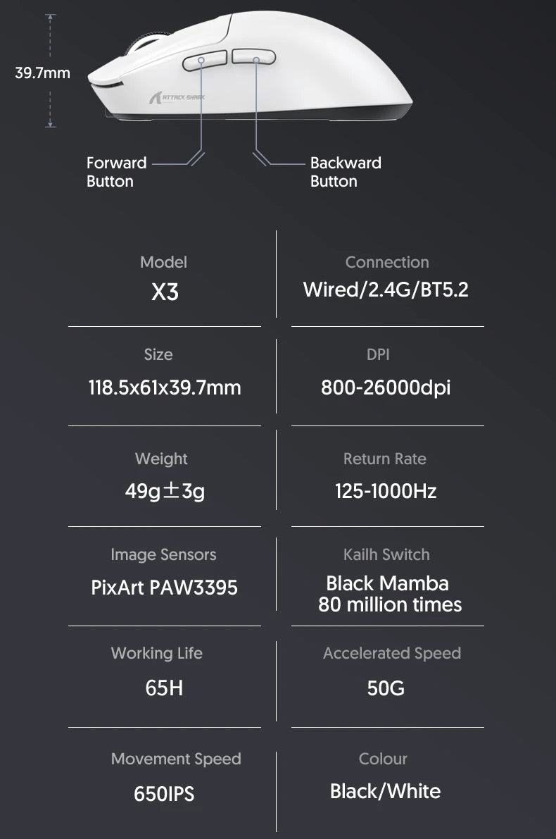Attack Shark X3Pro X3 Wireless Mouse Lightweight PAW3395 26000dpi Tri-Mode Connection Macro Gaming Mouse for Win/Xbox/PS/Mac