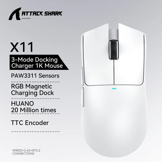 Attack Shark X11 3-Mode Connection /2.4GHz/Bluetooth ,PAW3311 ,400IPS,22K000DPI,RGB ,PC  Wireless Gaming Mouse