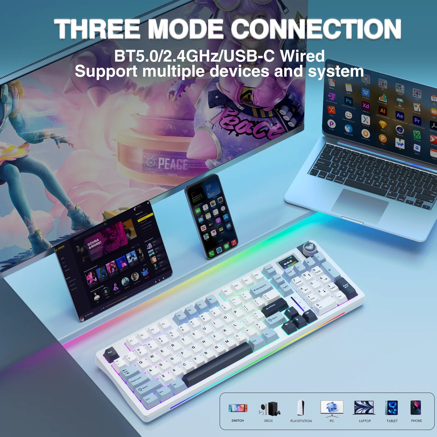 AULA S98pro Wireless Mechanical Keyboard Gasket Hot-swap Gaming Keyboard with Mini TFT Color Screen and Multi-function Knob