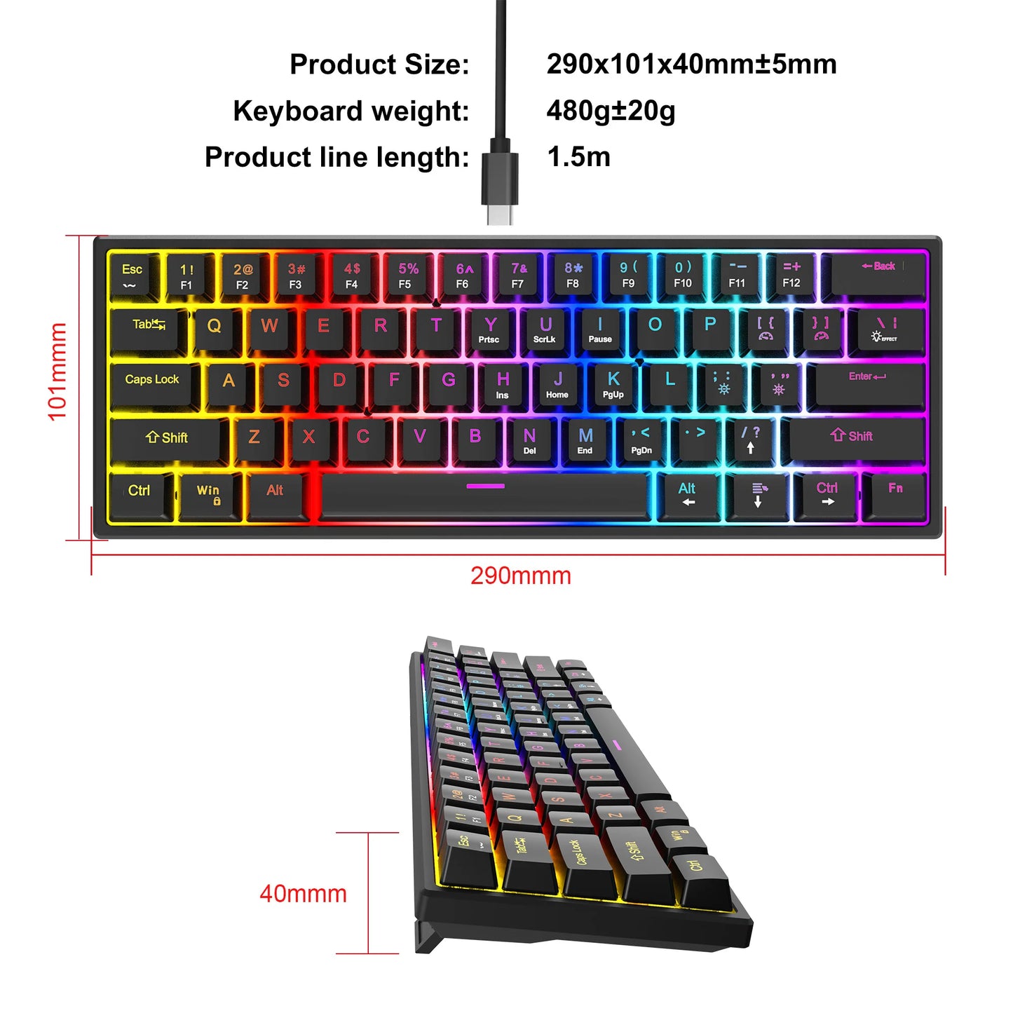 61 Keys Mechanical Keyboard Wired Gaming Keyboard for Laptop Desktop Ergonomics RGB Backlit Cyan Axis Keycaps PC Accessories