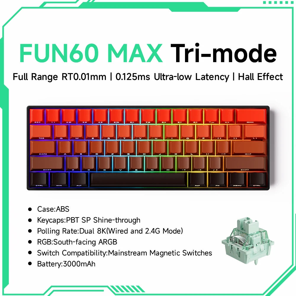 MONSGEEK FUN60 Mechanical Keyboard Magnetic Switch 60% Gaming Keyboard Rapid Trigger 0.01 mm 8K HE/TMR eSports Custom Keyboard