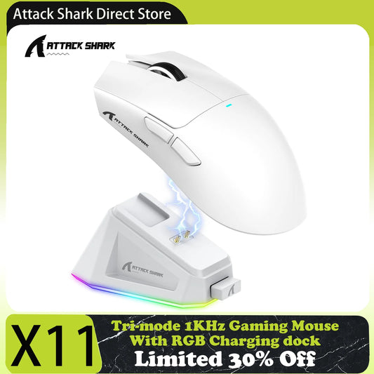 Attack Shark X11 Tri-mode Gaming Mouse with Magnetic Charging Dock, PixArt PAW3311 Sensor, 22K DPI, BT/2.4Ghz/Wired, for PC/MAC