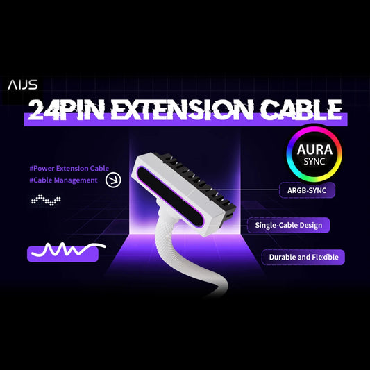 AIJS ATX 24PIN Extension Cable, ARGB PC Cable with 5V 3Pin,18AWG 90 Degree Right-Angle Design Male-to-Female Connectors for PC M