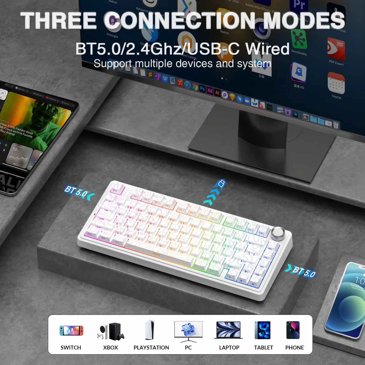 AULA F75Pro Gasket Mounted Wireless Gaming Mechanical Keyboard RGB Customized 75% Layout Side-engraving PBT Keycaps