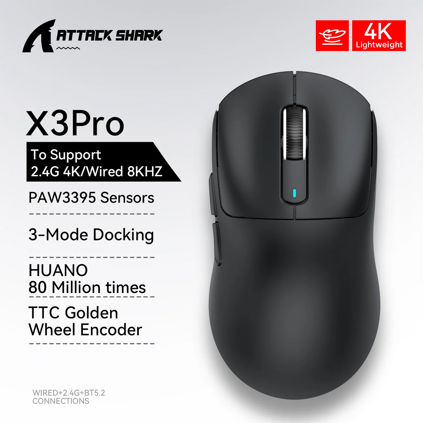 Attack Shark X3Pro X3 Wireless Mouse Lightweight PAW3395 26000dpi Tri-Mode Connection Macro Gaming Mouse for Win/Xbox/PS/Mac
