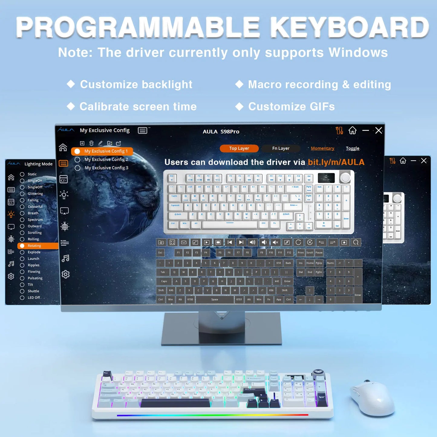 AULA S98pro Wireless Mechanical Keyboard Gasket Hot-swap Gaming Keyboard with Mini TFT Color Screen and Multi-function Knob