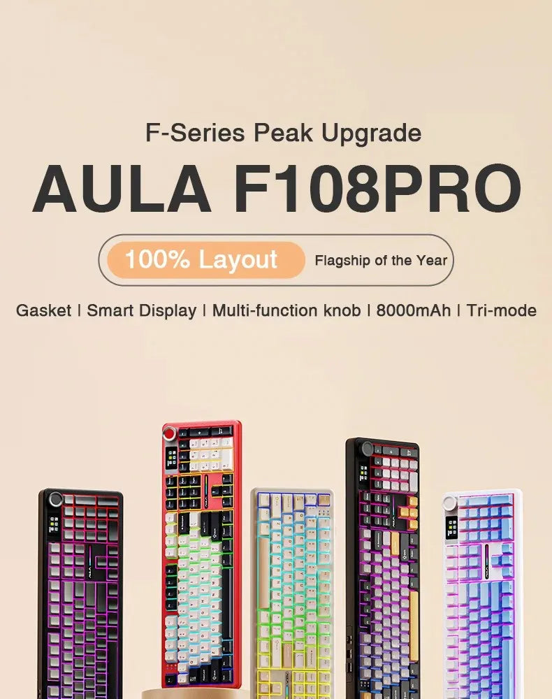 AULA F108 Pro Gaming Mechanical Keyboard Tri Mode Custom Multi-Knob Screen RGB Esports Wireless Keyboard with TFT Smart Display