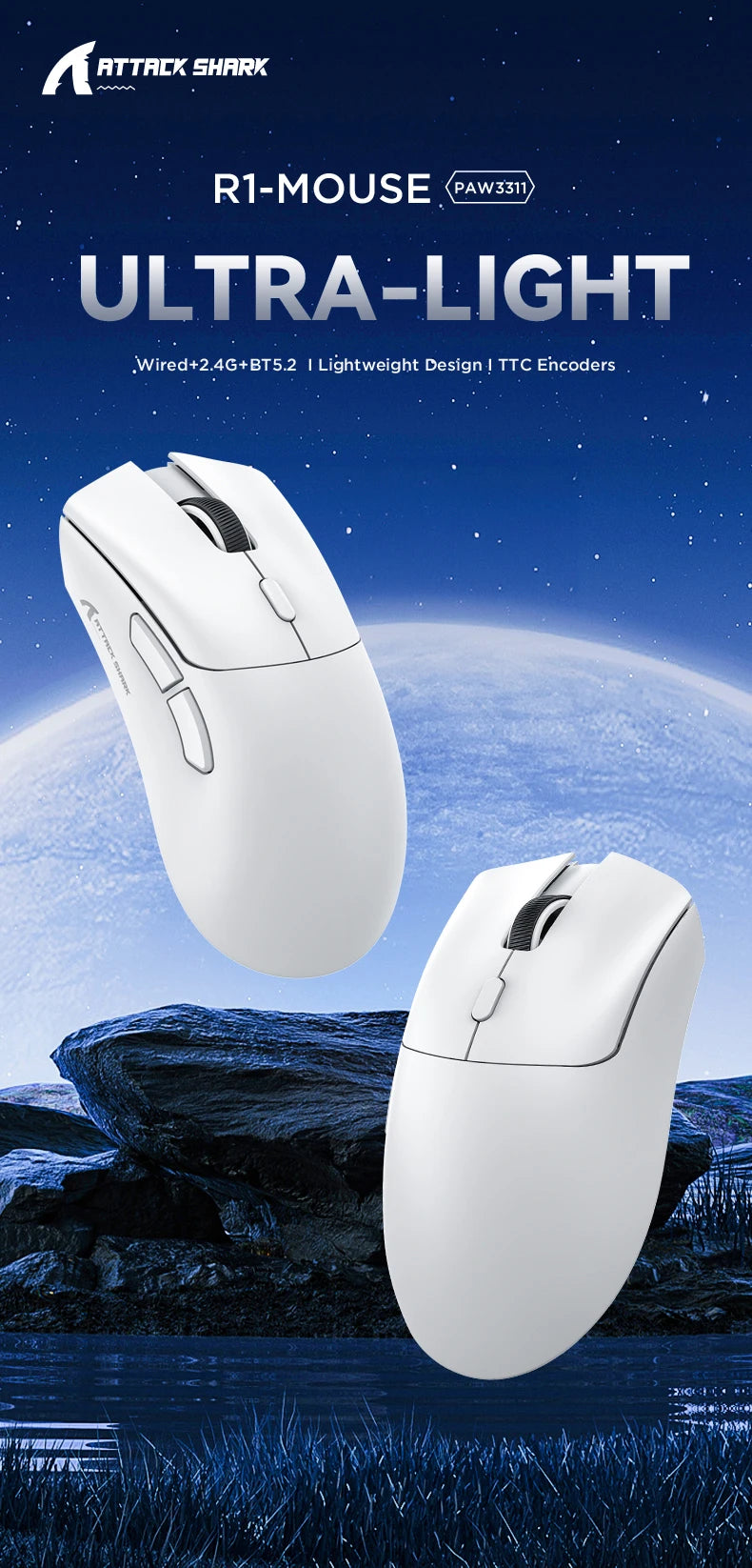 Attack Shark R1 1000Hz Bluetooth Mouse,18000dpi,PAW3311,Tri-mode Connection, Macro Gaming Mouse