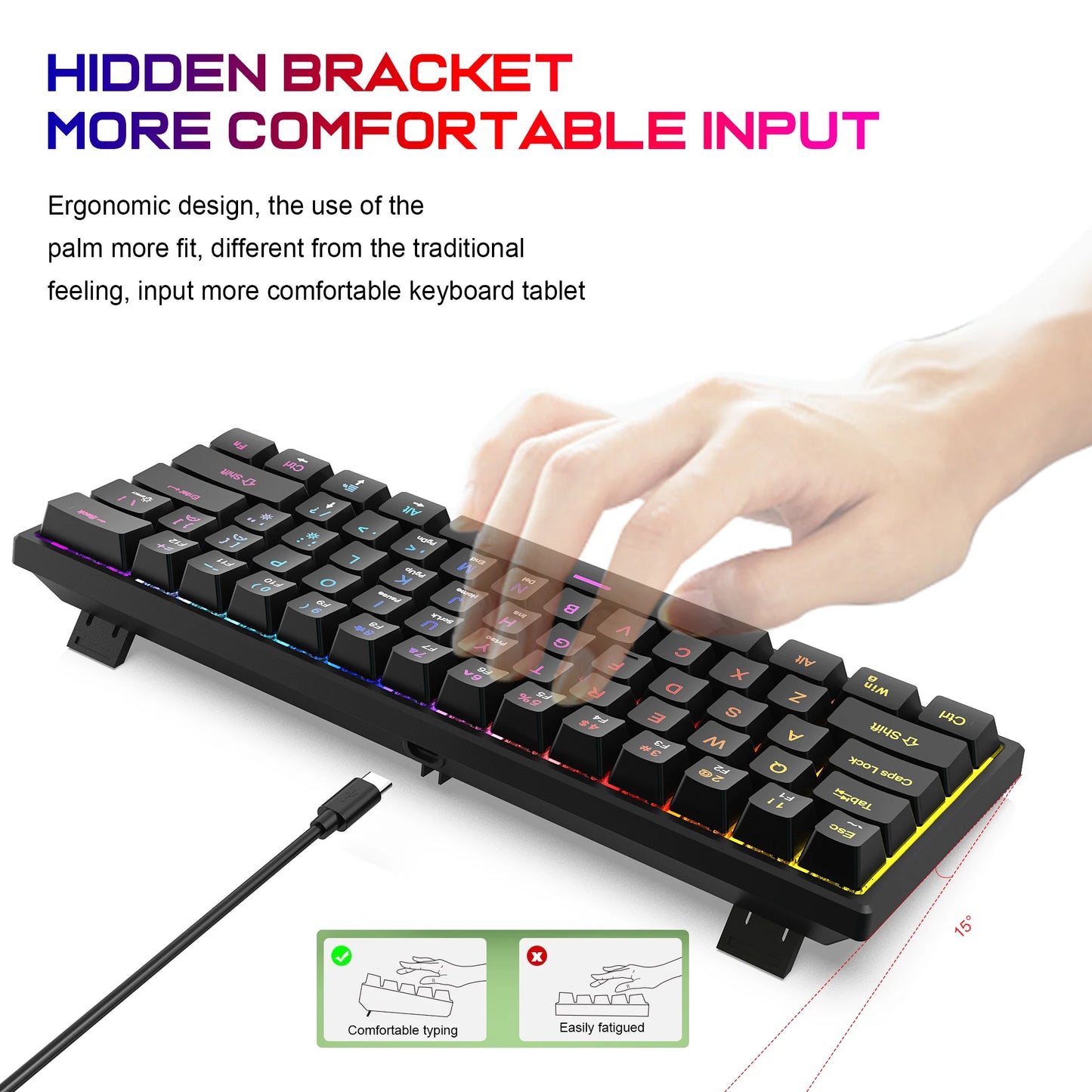 61 Keys Mechanical Keyboard Wired Gaming Keyboard for Laptop Desktop Ergonomics RGB Backlit Cyan Axis Keycaps PC Accessories