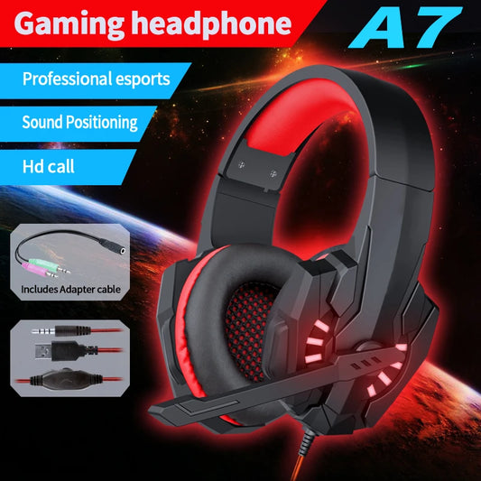 A7 Gaming Headset Deep Bass Stereo Wired Headphone Glowing Earphone with Mic for PS5 PS4 XBOX Laptop Computer Gamer Esports