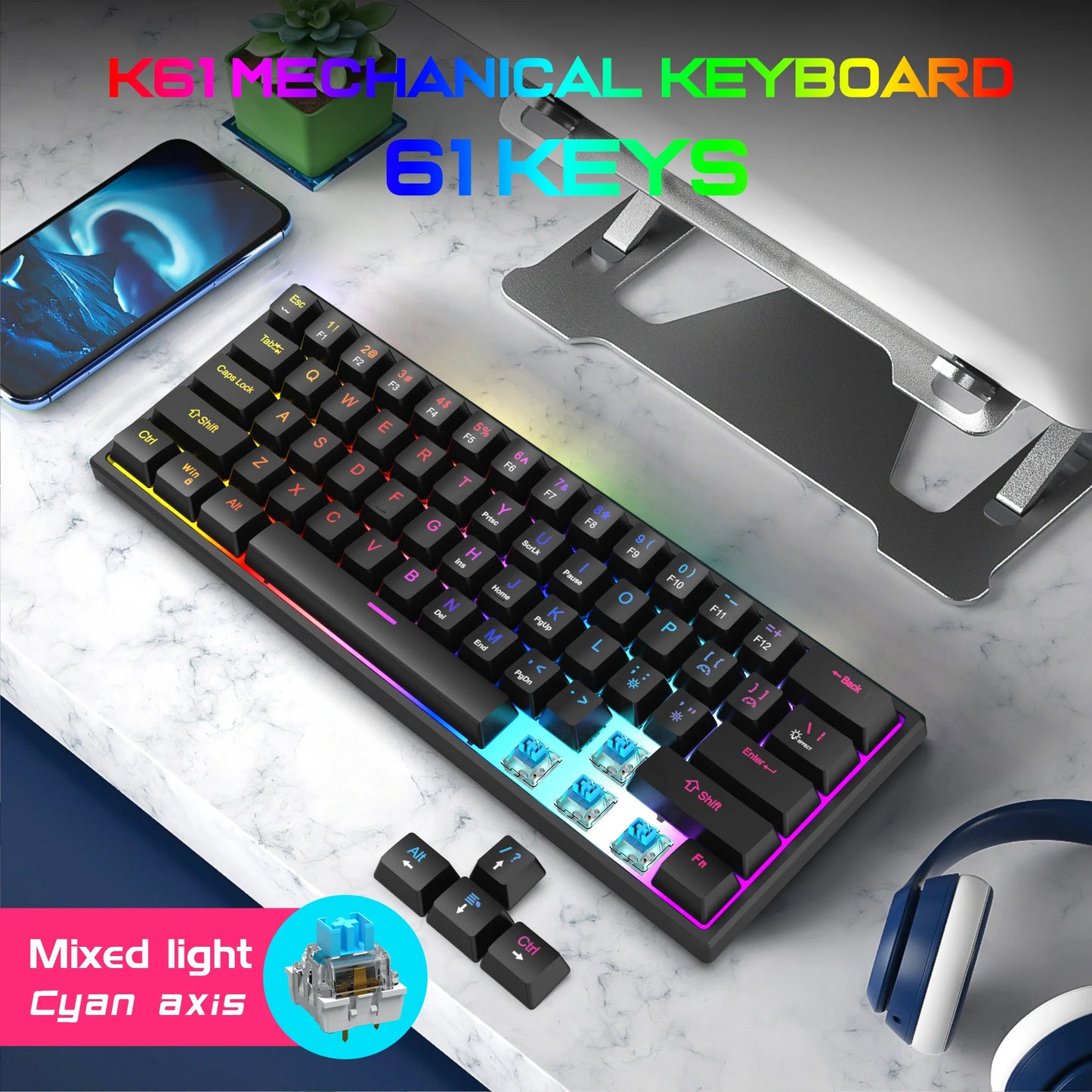 61 Keys Mechanical Keyboard Wired Gaming Keyboard for Laptop Desktop Ergonomics RGB Backlit Cyan Axis Keycaps PC Accessories