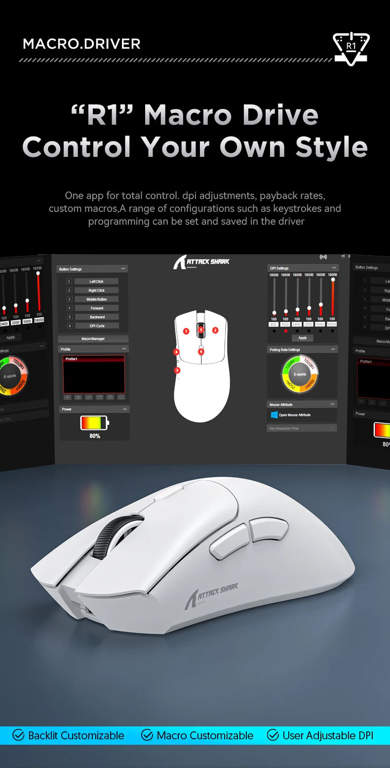 Attack Shark R1 1000Hz Bluetooth Mouse,18000dpi,PAW3311,Tri-mode Connection, Macro Gaming Mouse