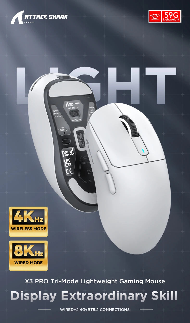 Attack Shark X3Pro X3 Wireless Mouse Lightweight PAW3395 26000dpi Tri-Mode Connection Macro Gaming Mouse for Win/Xbox/PS/Mac