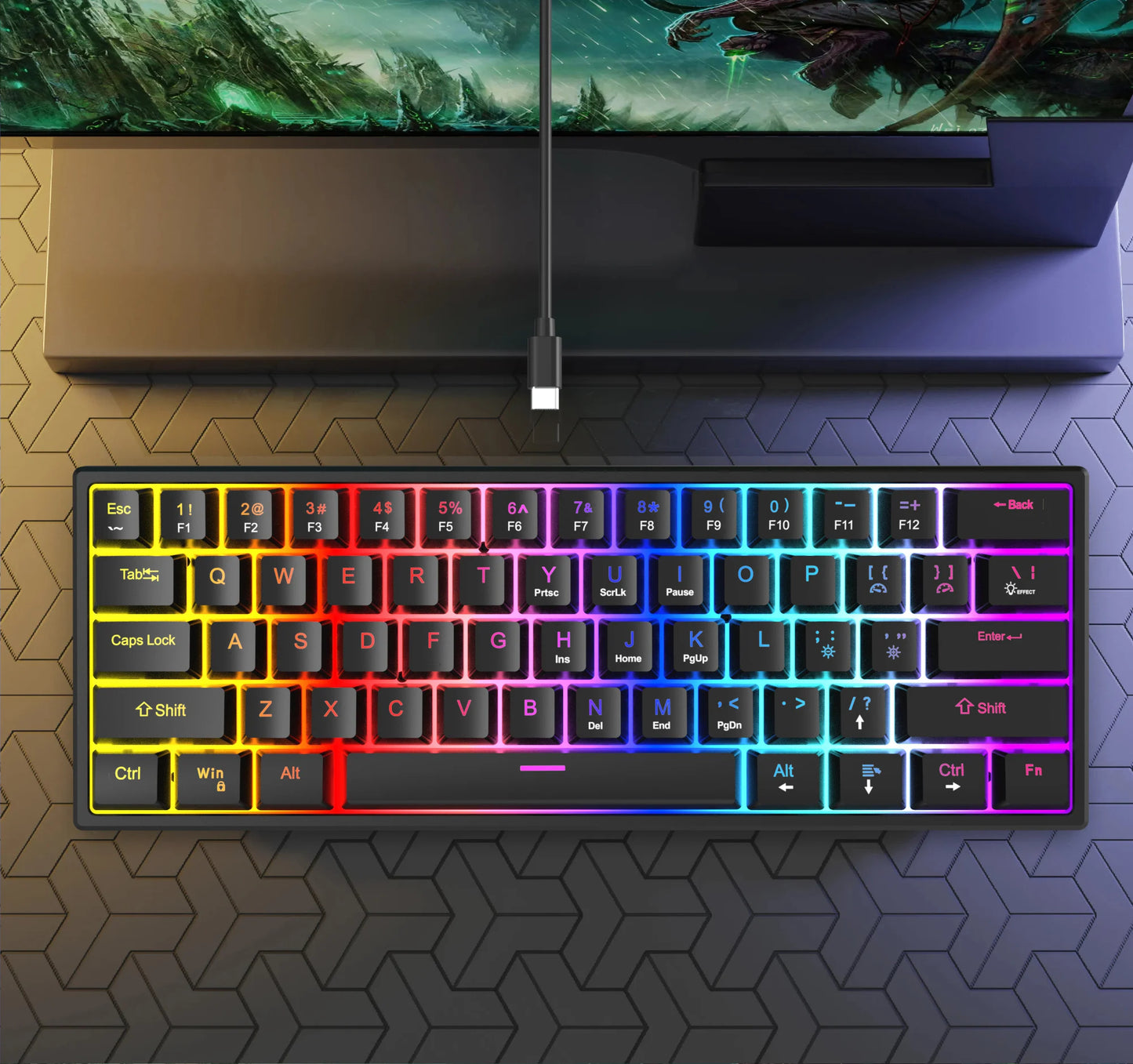 61 Keys Mechanical Keyboard Wired Gaming Keyboard for Laptop Desktop Ergonomics RGB Backlit Cyan Axis Keycaps PC Accessories