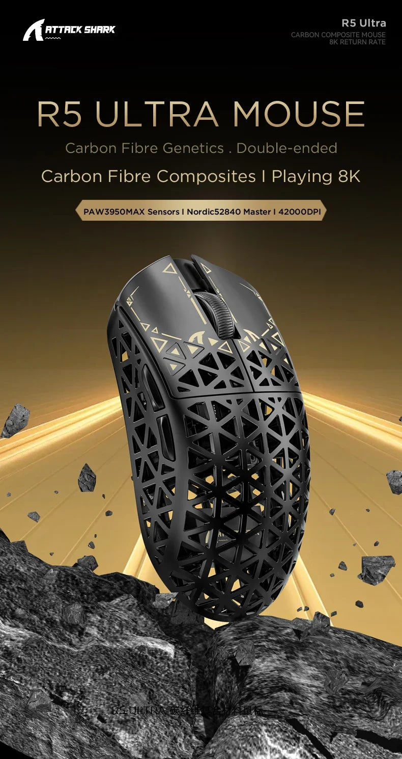 ATTACK SHARK R5 Ultra Carbon Fiber Wireless Gaming Mouse PixArt PAW3950MAX Gaming Sensor 42000DPI 8000Hz MCU Nordic 52840 For PC