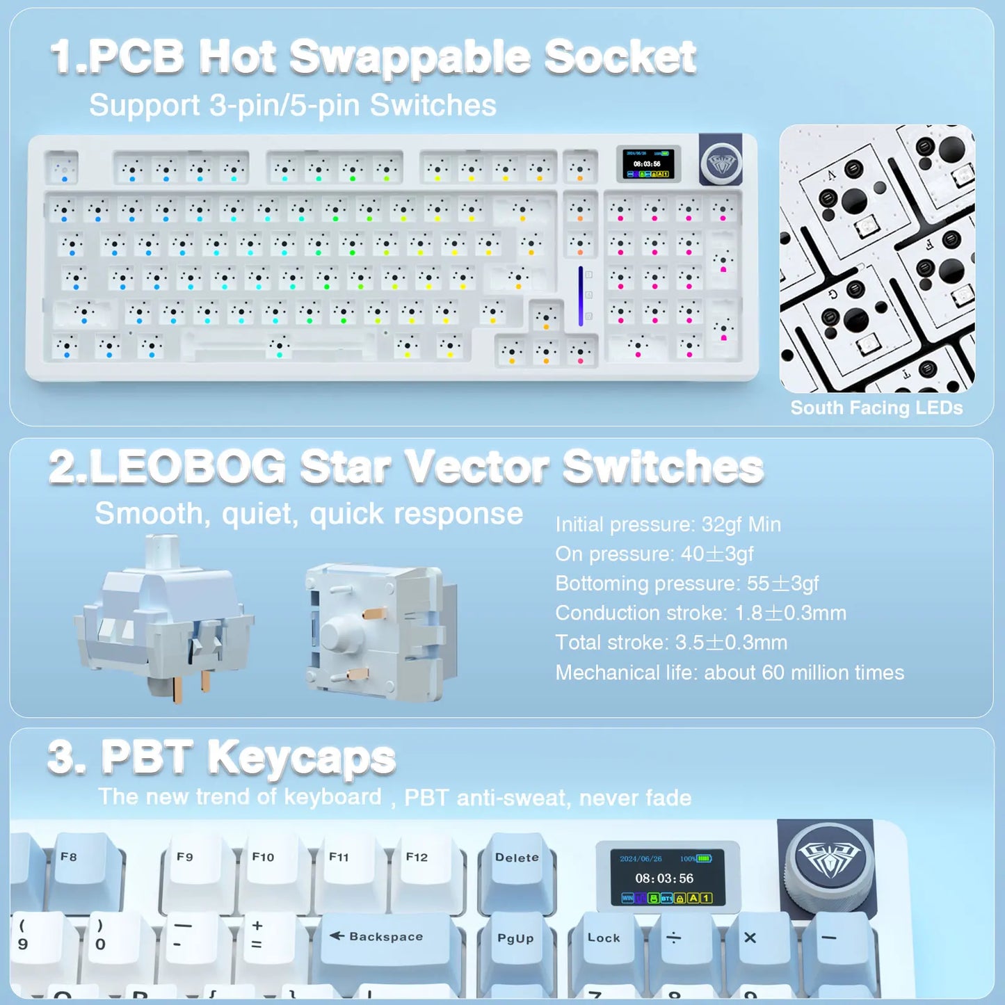 AULA S98pro Wireless Mechanical Keyboard Gasket Hot-swap Gaming Keyboard with Mini TFT Color Screen and Multi-function Knob