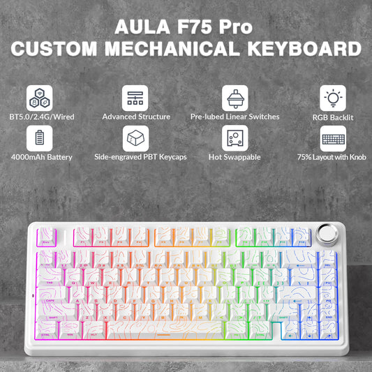 AULA F75Pro Gasket Mounted Wireless Gaming Mechanical Keyboard RGB Customized 75% Layout Side-engraving PBT Keycaps