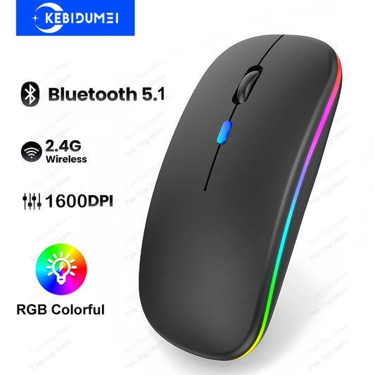 Dual-mode Bluetooth 5.1 Mouse 2.4G Wireless Mouse Rechargeable Silent RGB Backlit Gaming Mouse 1600 DPI Mice for Laptop Tablet