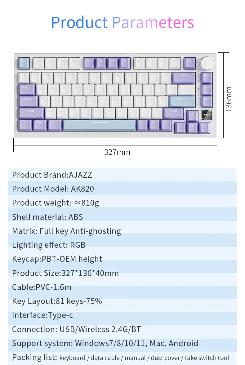 AJAZZ AK820 Pro Wired&Wireless Mechanical Gaming Keyboard Tri-Mode RGB Backlit Hot-Swappable Switches,70% Compact Layout,PC/Mac
