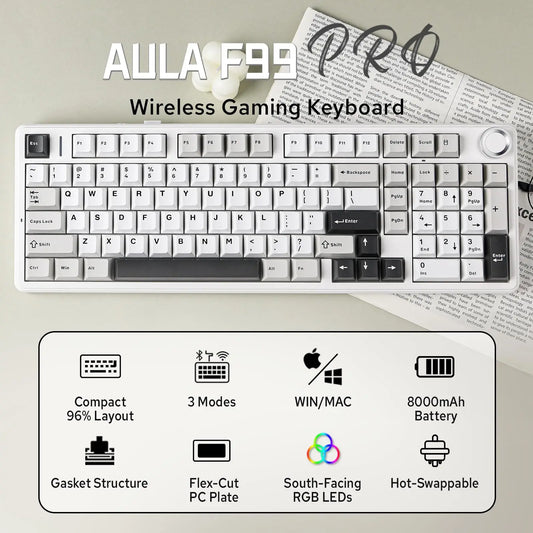 Aula F99 PRO 96% Mechanical Gaming Keyboard BT5.0/USB-C/2.4G Wireless Hot Swappable Gasket Custom Keyboard With 8000mAH Battery