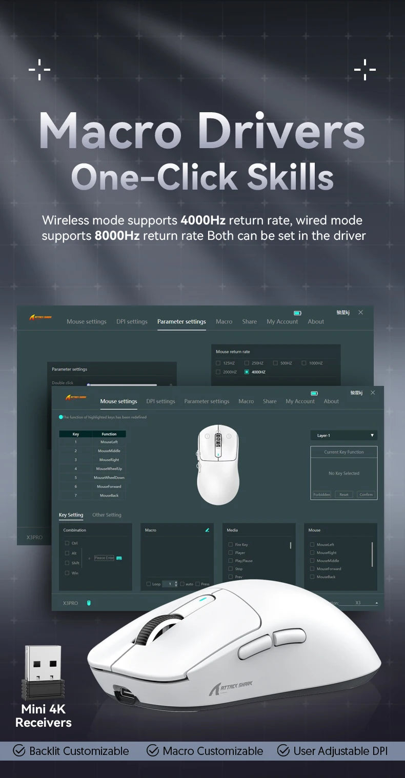 Attack Shark X3Pro X3 Wireless Mouse Lightweight PAW3395 26000dpi Tri-Mode Connection Macro Gaming Mouse for Win/Xbox/PS/Mac
