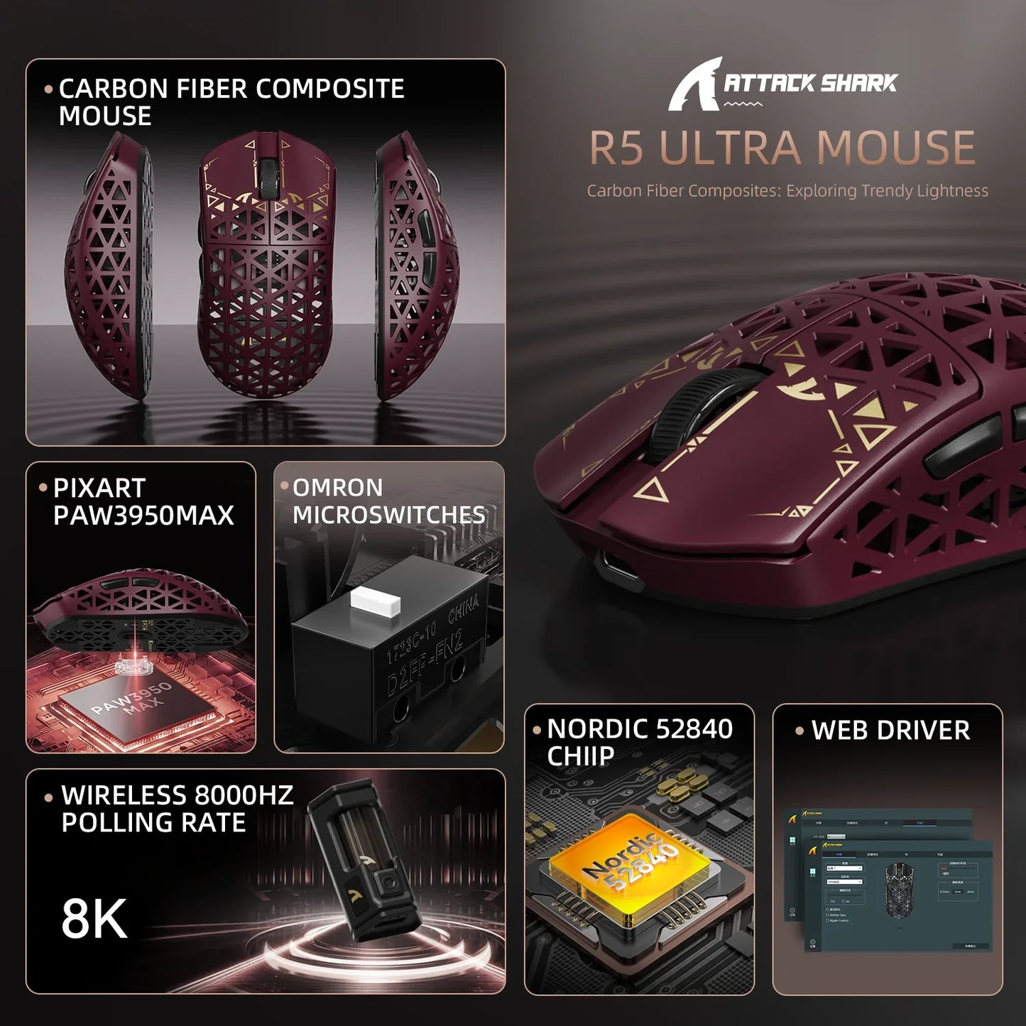 ATTACK SHARK R5 Ultra Carbon Fiber Wireless Gaming Mouse PixArt PAW3950MAX Gaming Sensor 42000DPI 8000Hz MCU Nordic 52840 For PC
