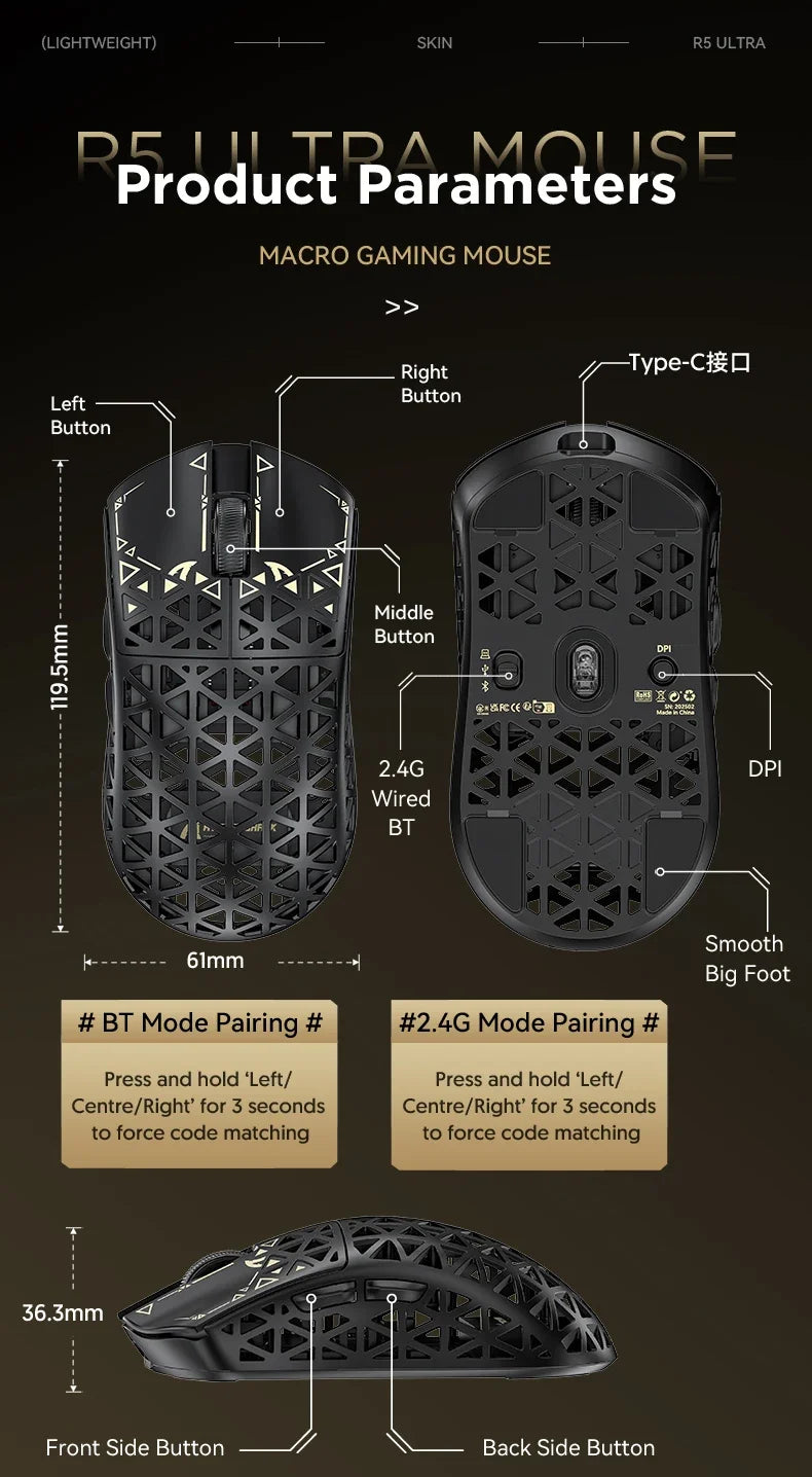 ATTACK SHARK R5 Ultra Carbon Fiber Wireless Gaming Mouse PixArt PAW3950MAX Gaming Sensor 42000DPI 8000Hz MCU Nordic 52840 For PC