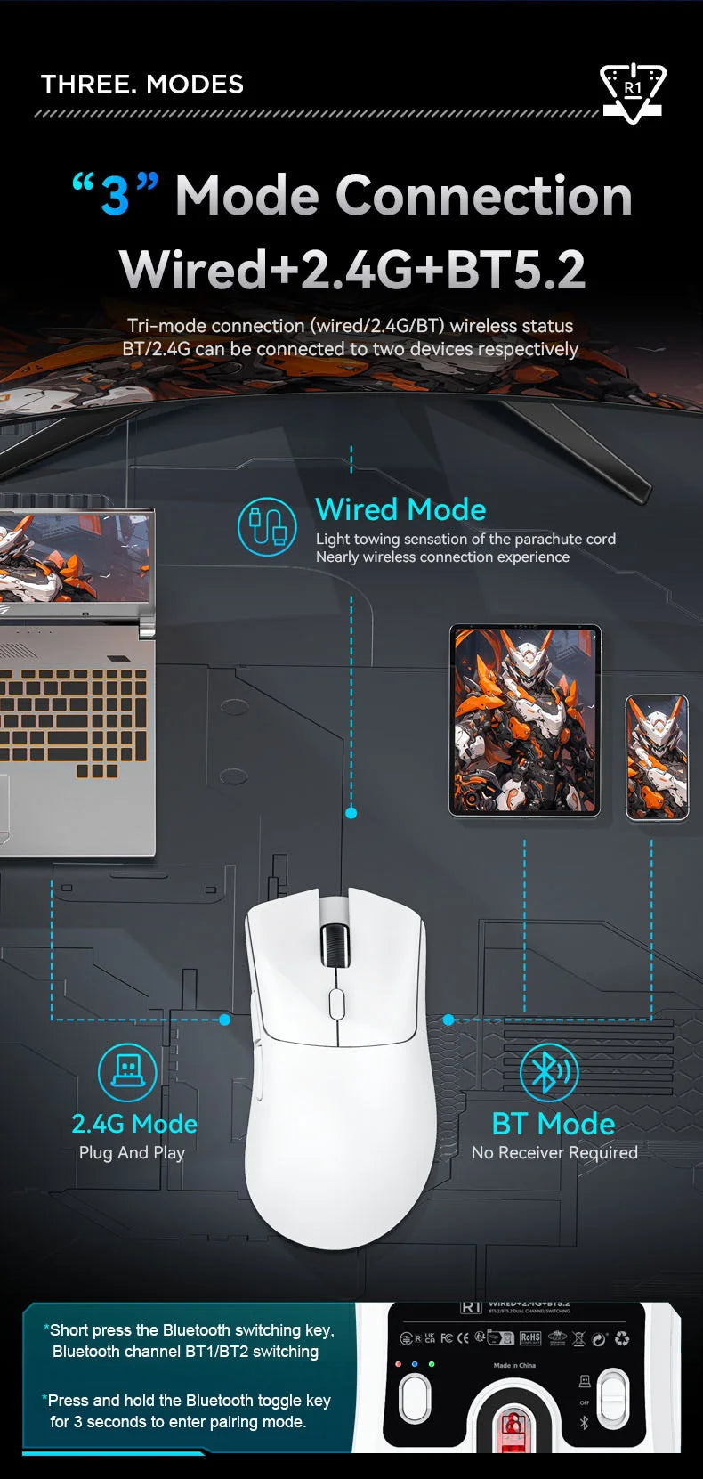 Attack Shark R1 1000Hz Bluetooth Mouse,18000dpi,PAW3311,Tri-mode Connection, Macro Gaming Mouse