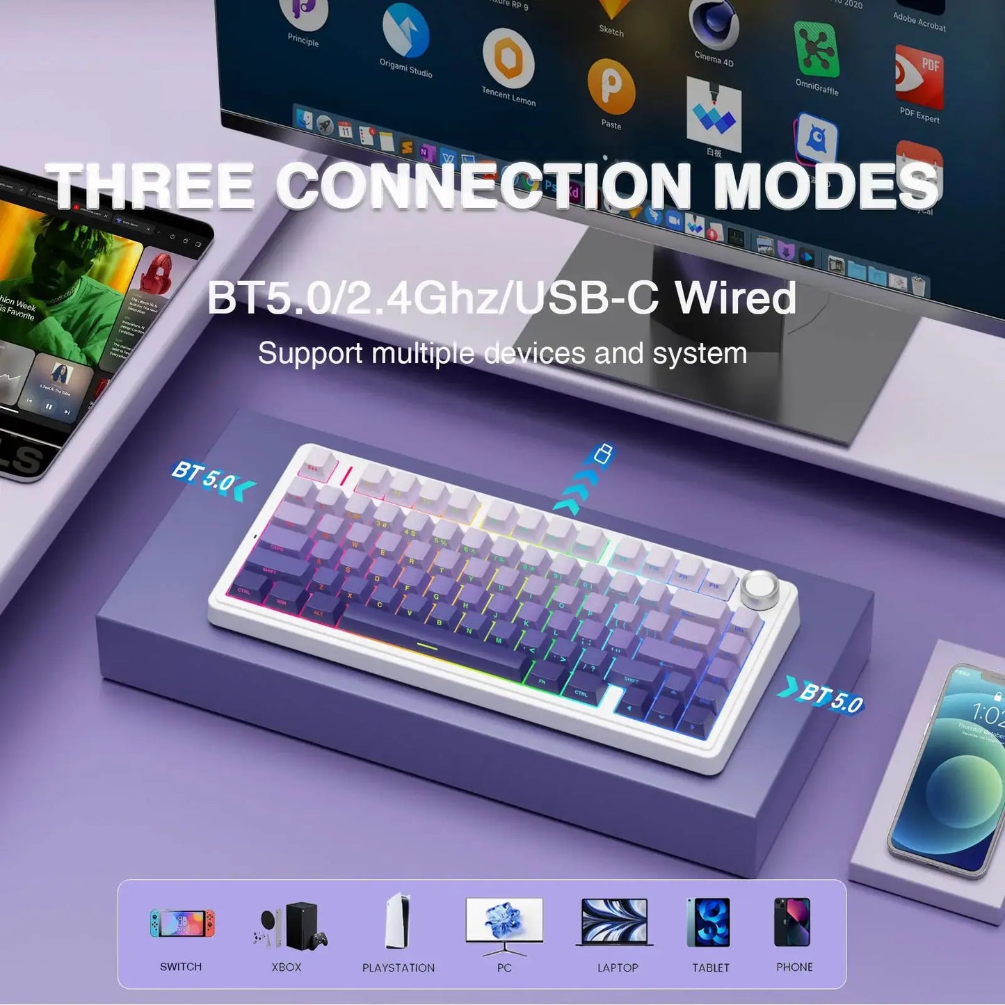 AULA F75Pro Gasket Mounted Wireless Gaming Mechanical Keyboard RGB Customized 75% Layout Side-engraving PBT Keycaps