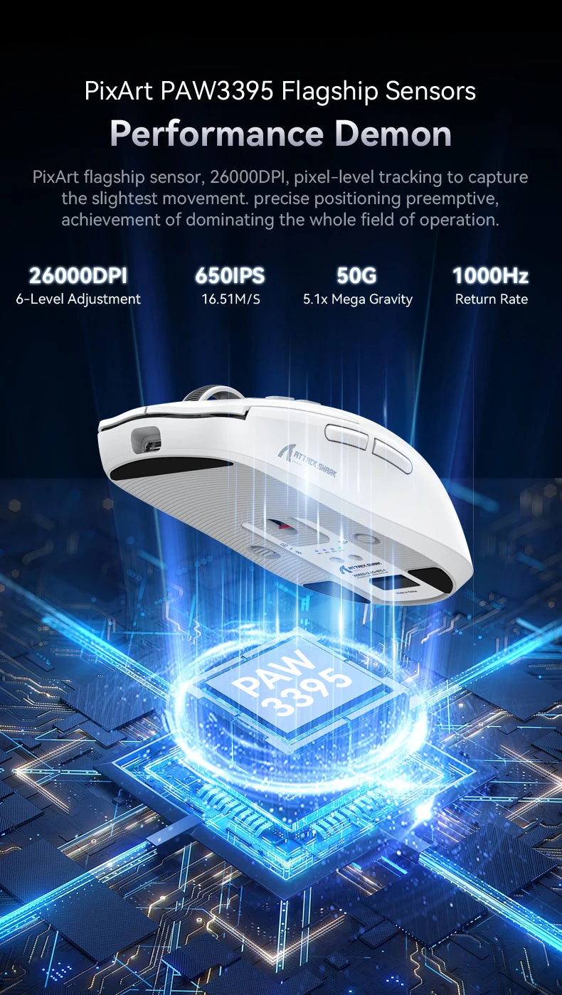 Attack Shark X6 PAW3395 Bluetooth Mouse,Tri-Mode Connection,RGB Touch Magnetic Charging Base,Macro Gaming Mouse