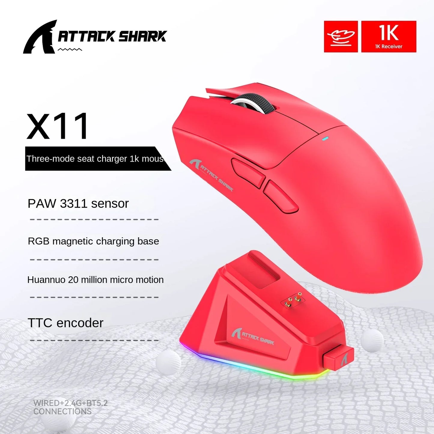 Attack Shark X11 PAW3311 Black Bluetooth Mouse, Triple Mode Connectivity, Touch Magnetic Charging Dock, Ultra-Light Gaming Mouse