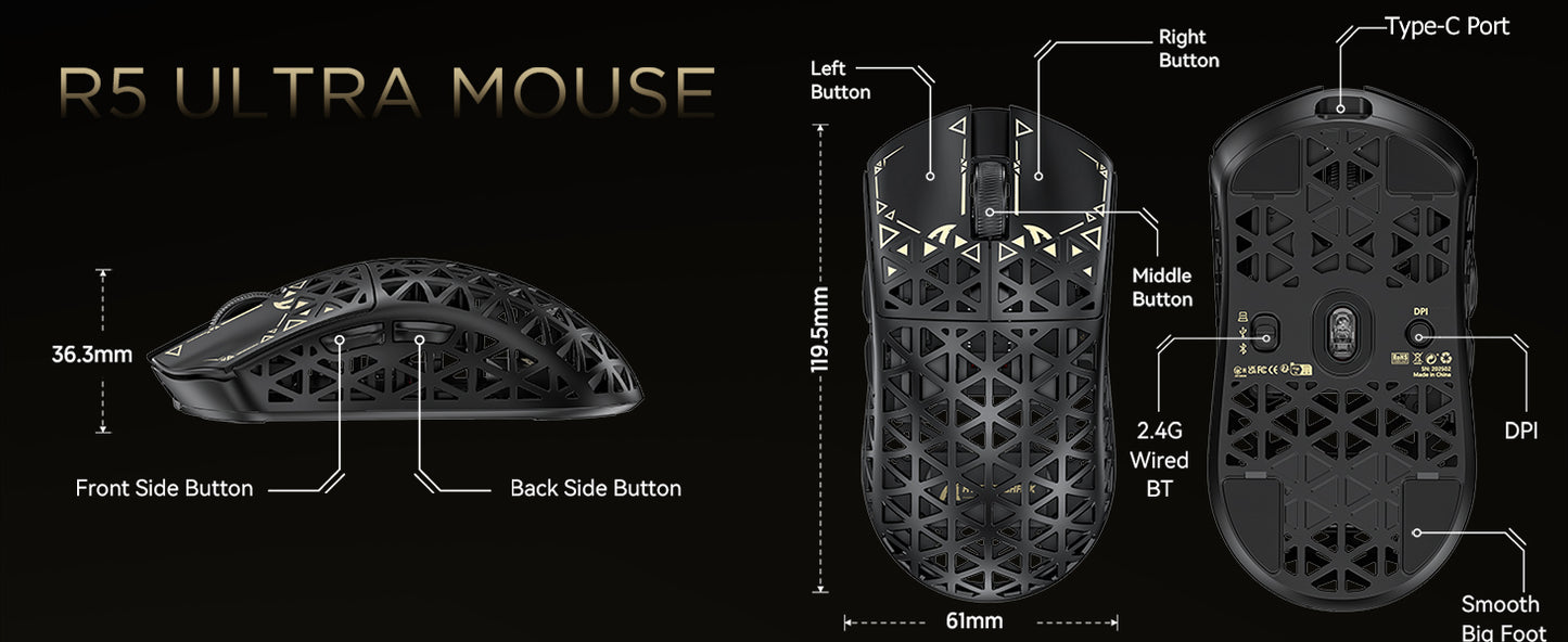 ATTACK SHARK R5 Ultra 39g Carbon Fiber 8000Hz Wireless Gaming Mouse, 42000DPI, PAW3950MAX Sensor, Nordic 52840 Chip, Tri-Mode