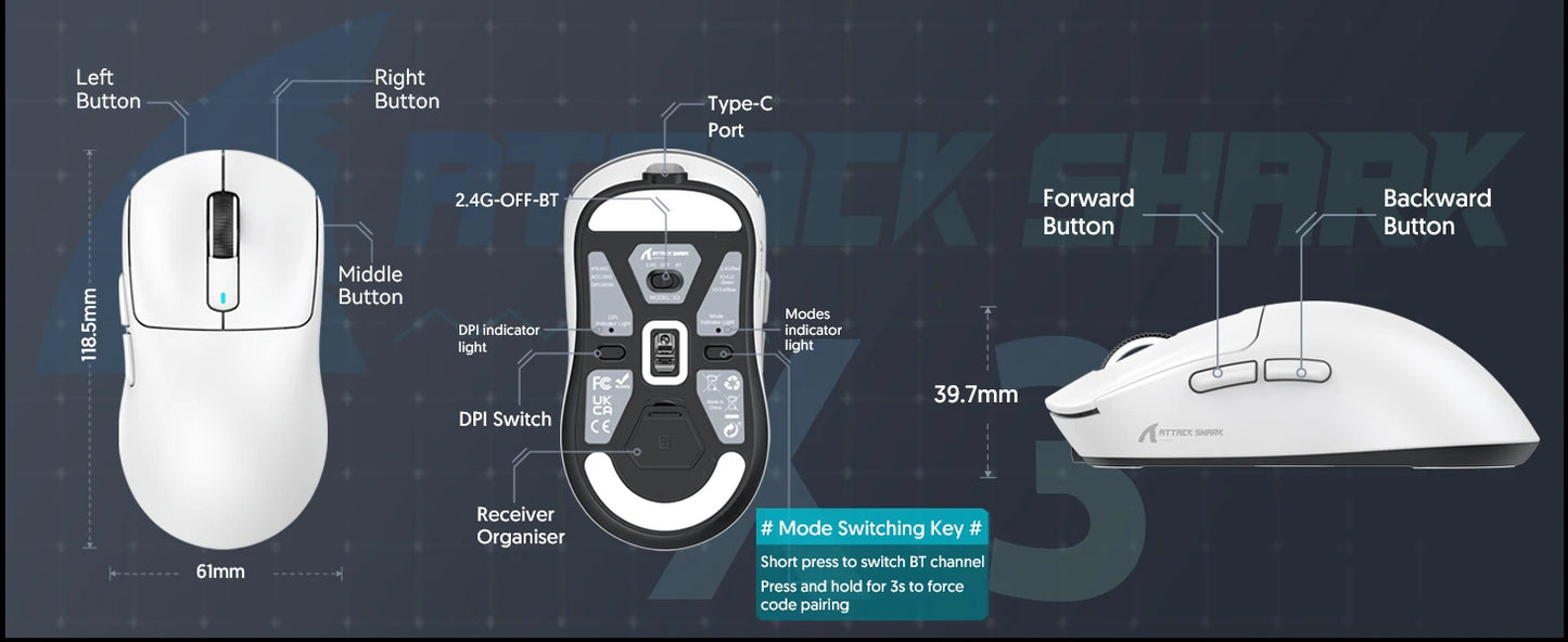 Attack Shark X3/X3PRO 4K/8K Tri-mode Gaming Mouse, PixArt PAW3395 Sensor, 26K DPI, 49g Ultralight,BT/2.4G Wireless/Wired,for PC
