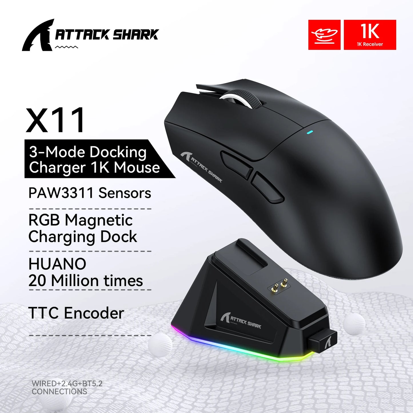 Attack Shark X11 3-Mode Connection /2.4GHz/Bluetooth ,PAW3311 ,400IPS,22K000DPI,RGB ,PC  Wireless Gaming Mouse