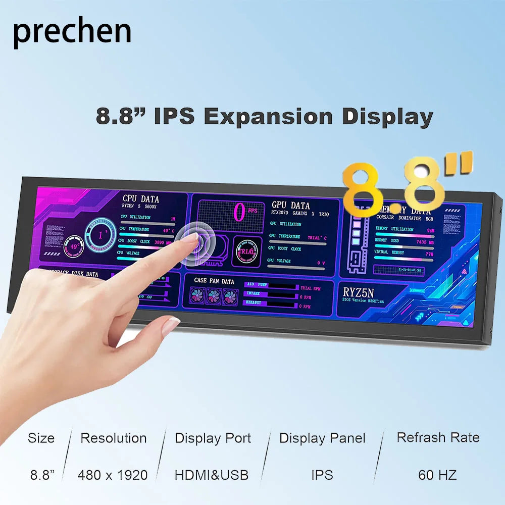 Long strip mainframe temperature control display mobile phone and computer secondary screen 8.8-inch touch screen