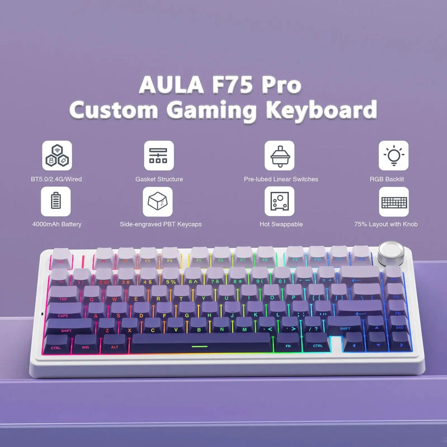 AULA F75Pro Gasket Mounted Wireless Gaming Mechanical Keyboard RGB Customized 75% Layout Side-engraving PBT Keycaps