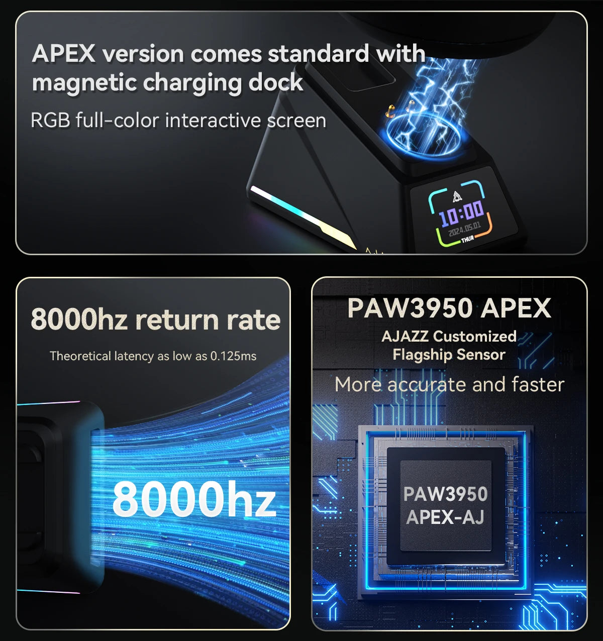 Ajazz AJ179 Apex PAW3950 Wireless Gaming Mouse with RGB Charging Dock, Computer Macro Mouse Gamer,Lightweight Ergonomic PC Mice