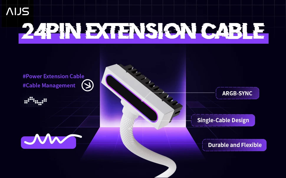 AIJS ATX 24PIN Extension Cable, ARGB PC Cable with 5V 3Pin,18AWG 90 Degree Right-Angle Design Male-to-Female Connectors for PC M