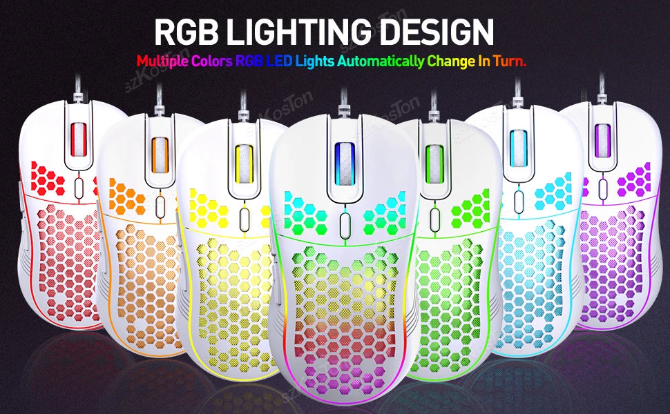 Honeycomb Wired Gaming Mouse RGB Backlight 7200 Adjustable DPI Ergonomic USB Computer Mice for Windows PC & Laptop Gamers