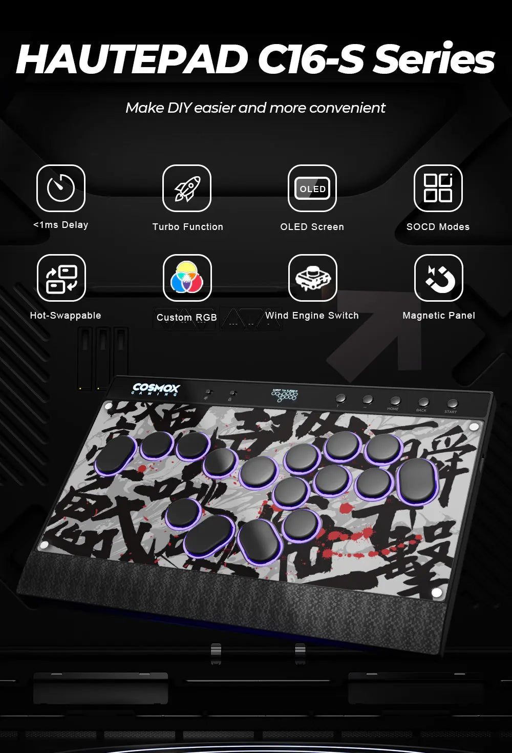 Haute42 Magnetic Stickless Arcade Controller Keyboard C16-S Hitbox Leverless Controller For PC/PS4/PS5/Switch Fight Stick Hitbox