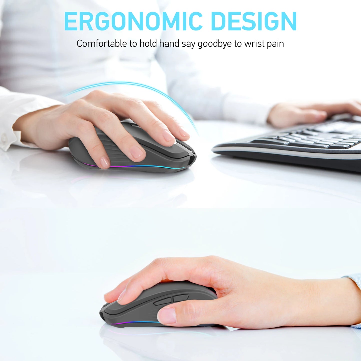 Dual-mode Wireless Mouse USB2.4G+BT5.1 Type-C Rechargeable Gaming Mouse Ergonomic Design 2400 DPI with RGB Light Mice